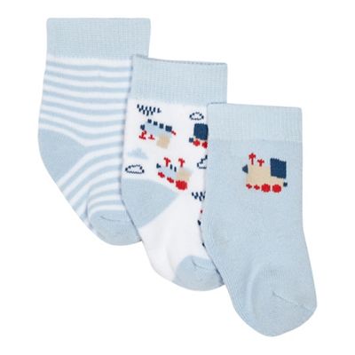 Pack of three baby boys' blue striped and plain train socks